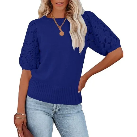 Women's Knit Pullover Short Sleeve Crew Neck Casual Summer Spring Tops - Picture 2 of 7